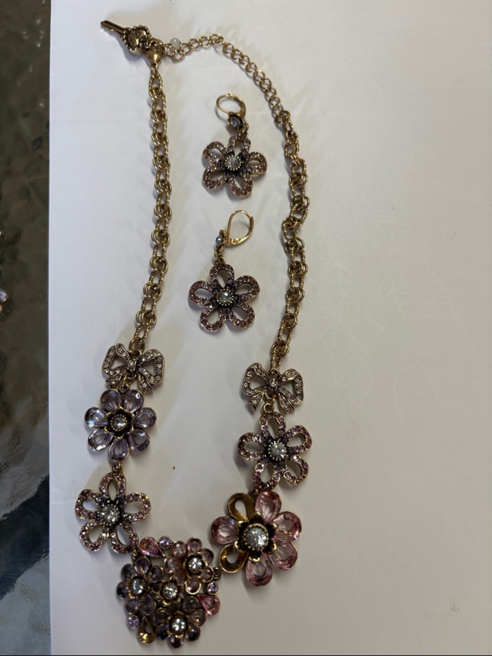 Gold-Tone Pink Crystal Flower Necklace & Earring Set